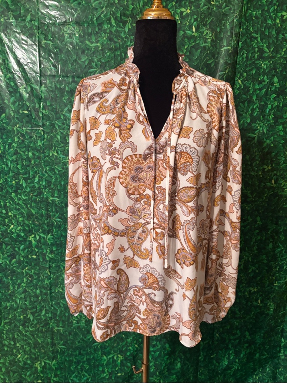 LOFT Cream Paisley Tie-Neck Blouse